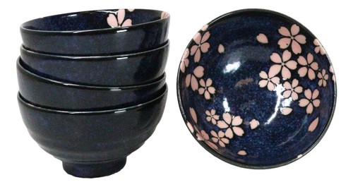 5 Stück blaue japanische Hasui Sakura Kirschblüte Keramik große Reisschalen - Bild 4 von 9