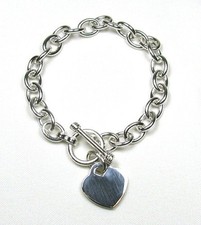 Heart Charm Toggle Link Solid Sterling Silver Bracelet Med 7" 
