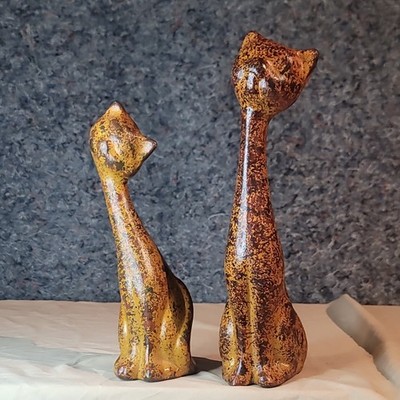 Long Neck Cats Terracotta/clay Folk Art cat Decor 2 piece set Vintage 