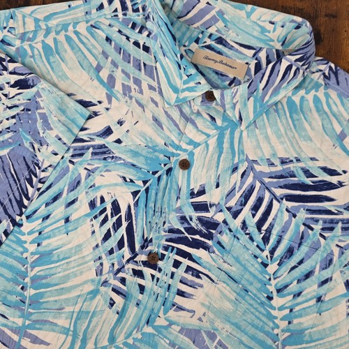 Tommy Bahama Mens Short Sleeve Button Up Blue White Floral Palm Silk Sz 3XL Camp