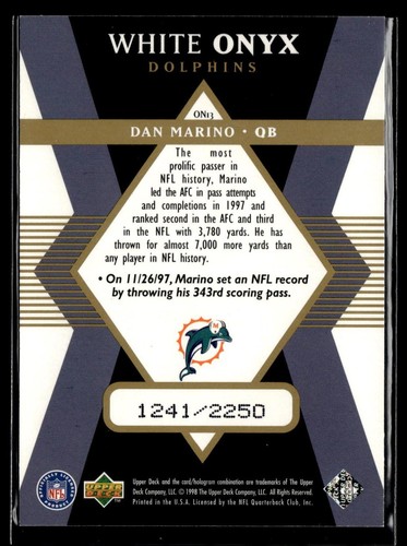 1998 Upper Deck Black Diamond Rookie #ON13 Dan Marino White Onyx /2250 Card - Bild 2 von 2