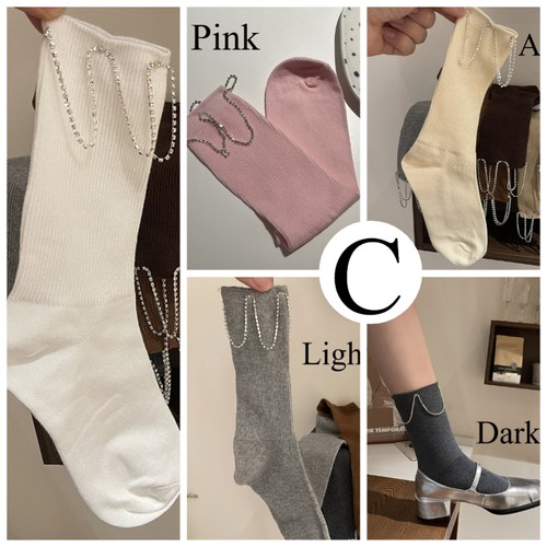 5 pairs Lady Cotton Blend Mid-calf Socks Rhinestone Chain Decor Long Socks Soft - Picture 20 of 23