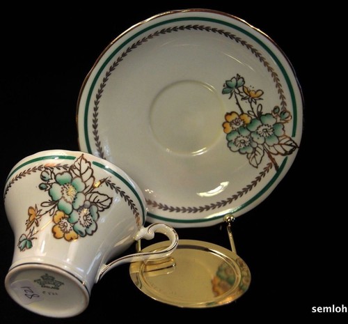 Aynsley Tasse & Untertasse handbemalt creme Korsett floral gold grüner Rand 1934-1939 - Bild 9 von 12
