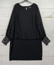 XSCAPE Cocktail Dress 16W Black Stretch Blouson Embellished Cuffs Beaded Party