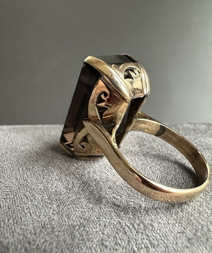 Anillo gigante de cuarzo con topacio ahumado de oro amarillo macizo de 14 k Vantage, tamaño: 8 - Imagen 5 de 6