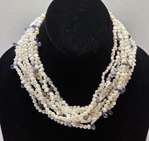 Freshwater Pearl Amethyst Sterling Silver 10 Strand Necklace 18" L 925 Cultured - Picture 1 of 18