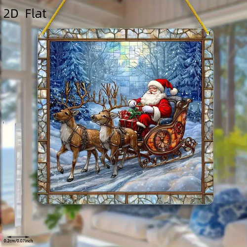 Santa Sleigh Reindeer Christmas Scene Suncatcher Stained Glass Effect Decor Gift - Picture 2 of 3