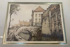 Roger Hebbelinck Belin "Bruges Bridge" Belgium Signed Colored Etching Print