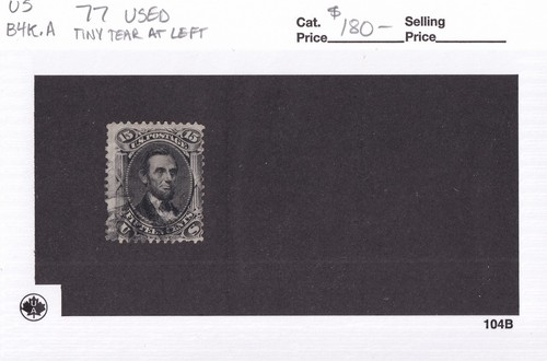 MATT'S STAMPS SCOTT #77 15-CENT ABRAHAM LINCOLN, BLACK, 1866 ISSUE, USED CV$180 - Picture 3 of 3