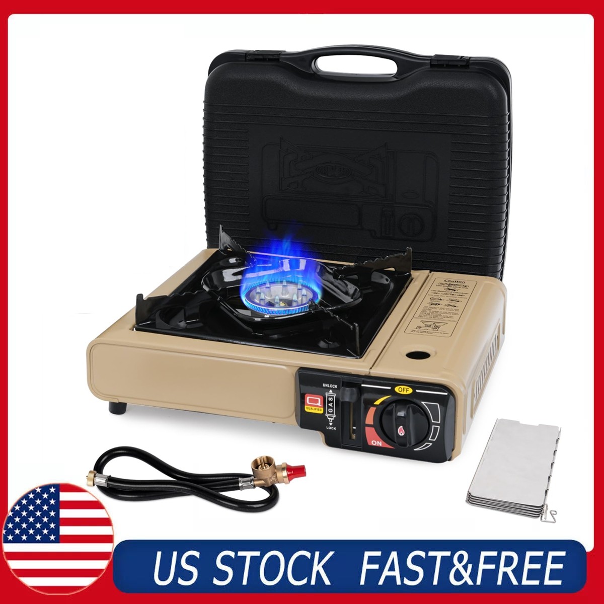 Dual Fuel Stove Portable Camping Stove w/Case+Wind Guard+26" Propane Hose, Khaki