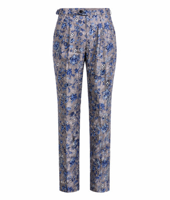 Oodji Floral Pants Man Size M EU 42 Blue Beige Satin Slim Fit High Waist Elega