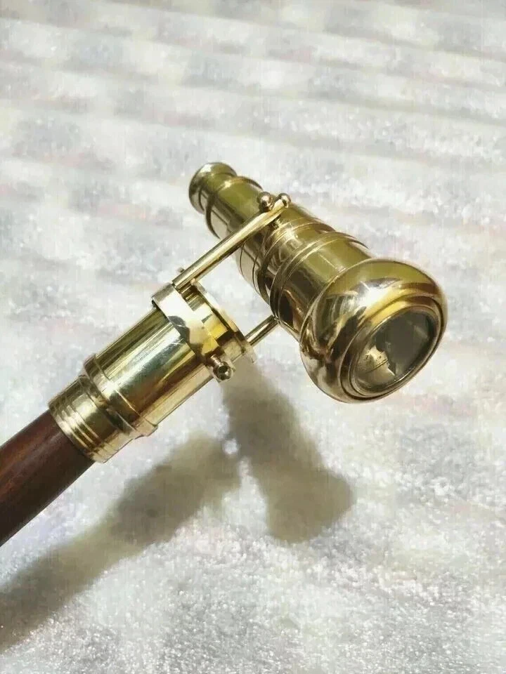 Bastón con brújula telescópica mango de latón bastón de madera antiguo vintage Foto 3 de 4