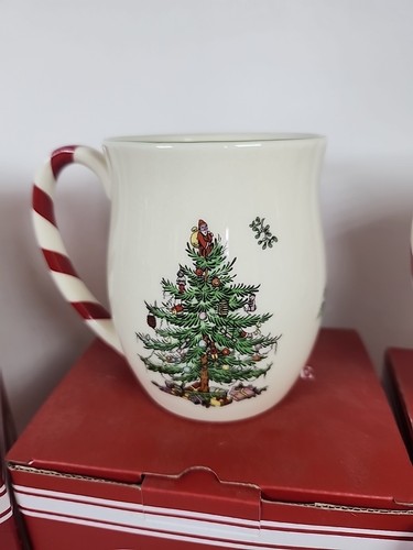 Spode Tazza Albero di Natale Porcellana 14 oz Menta Piperita Manico a Strisce Set di 4 Nuovo - Foto 7 di 8