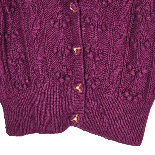 Vintage 90er Handstrick Cardigan Pullover Damen Petite Small lila Blumen Wetterfahne - Bild 5 von 13