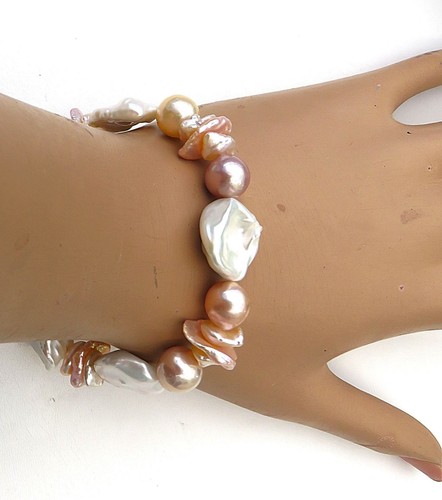 Pulsera de cuentas Keshi perlas de agua dulce de color natural hecha a mano única 5688 - Imagen 3 de 7