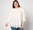 LOGO by Lori Goldstein Women's Top Sz M Woven Button Front with Lace White