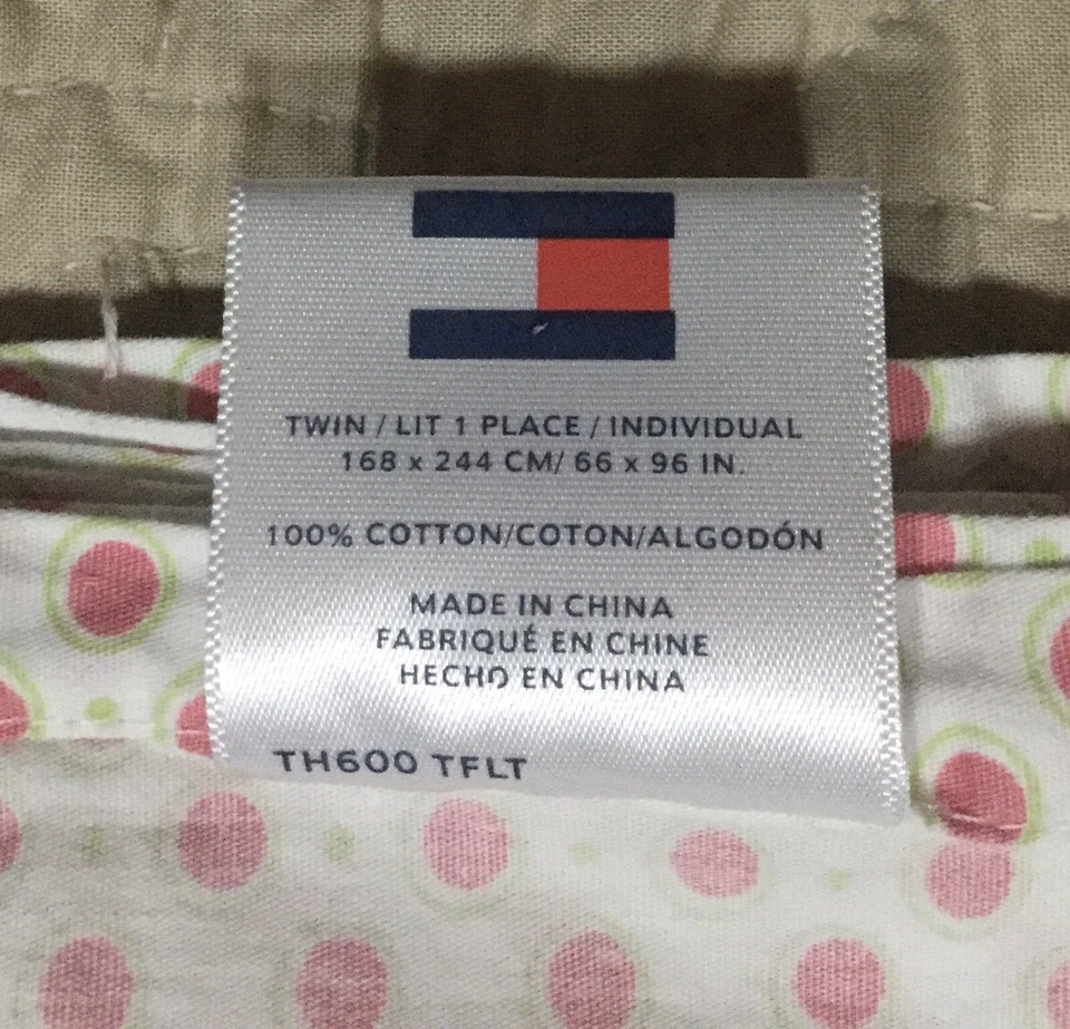 Tommy Hilfiger Twin Flat Sheet Pink Polka Dot Green Stripe White Cotton Circles - Image 3 of 3