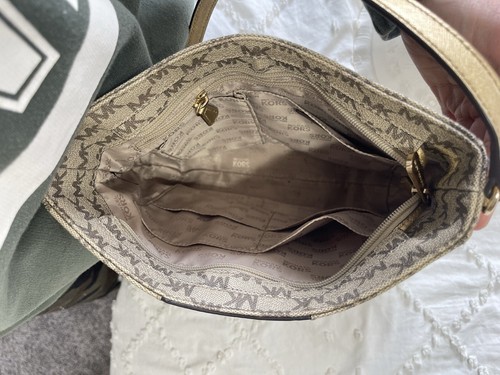 Michael Kors Monogram Canvas Crossbody Bag Gold Metallic Canvas - Picture 9 of 13