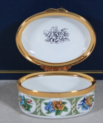 RAR! HALCYON DAYS BILSTON & BATTERSEA EMAILLE FLORAL OVALE BOX NEU IM KARTON - Bild 5 von 9