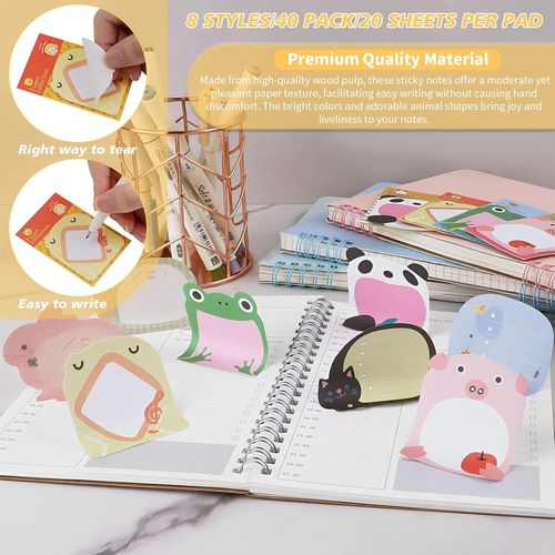 40 Pack Cute Animals Sticky Notes, 8 Kinds Cartoon Animals Sticky Note, Cartoon - Picture 3 of 7