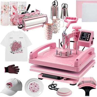FANSDEALONLINE 8IN1 Heat Press Machine 15"x15" Sublimation Transfer T-Shirt Mug Plate Hat Pink