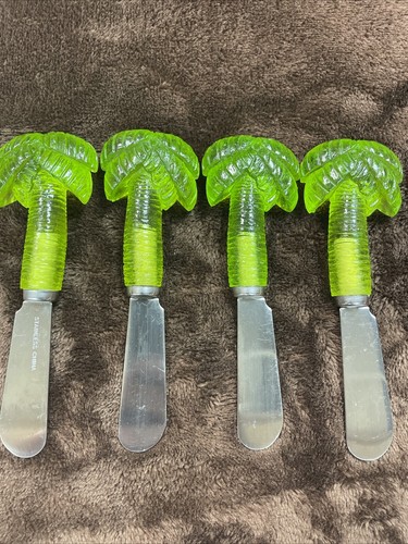 Vintage Lime Green Clear Plastic Palm Tree Cheese Spreaders Set Of 4 Preowned - Picture 7 of 8