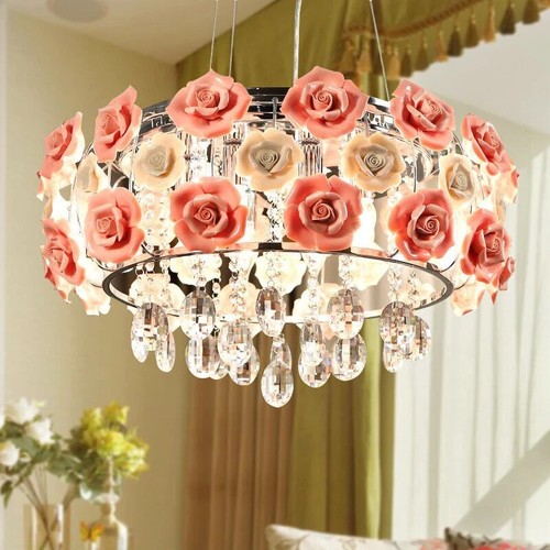 Modern Ceramic Pink Rose Flower Chandeliers Crystal Ceiling Light Pendant Lamps - Picture 12 of 18