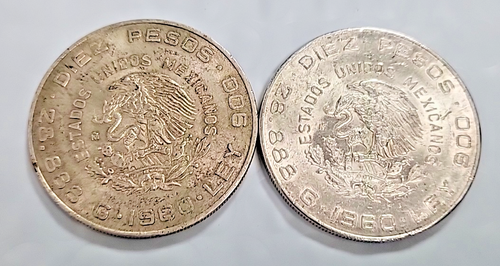 Lot of 2 1960 Mexico Independence Silver 10 Diez pesos Coin S132 - Picture 2 of 2