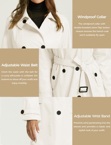 Gabardina para mujer Wantdo impermeable doble botonadura clásica solapa abrigo - Imagen 92 de 94