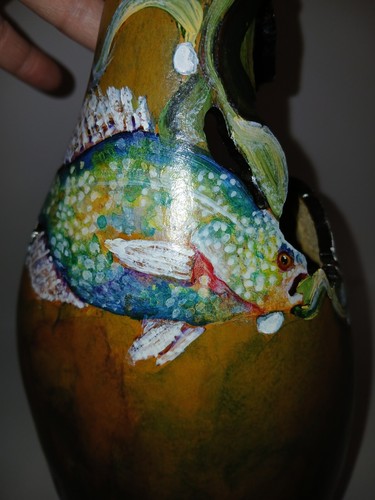 Hand Painted & Carved 3 Bluegil/Panfish? Gourd Signed Mohreny 11"x5" OOAK? - Bild 3 von 14