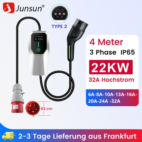 Type 2 Ladegerät 16/32A 3.5-22KW EV EU mobile Ladestation Elektroauto 4/5m CEE  - Bild 10 von 14