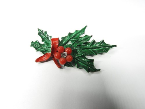 Broche de bayas de acebo de Navidad de metal con estrás transparente esmalte rojo verde vintage - Imagen 2 de 4