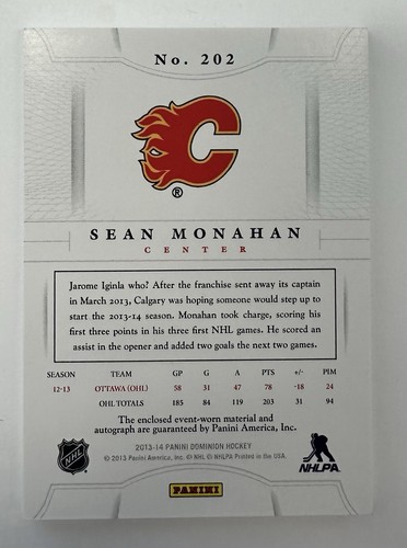 2013-14 Panini Dominion Sean Monohan #202 Dual Rookie Class Patch Auto /25 RC - Picture 2 of 2