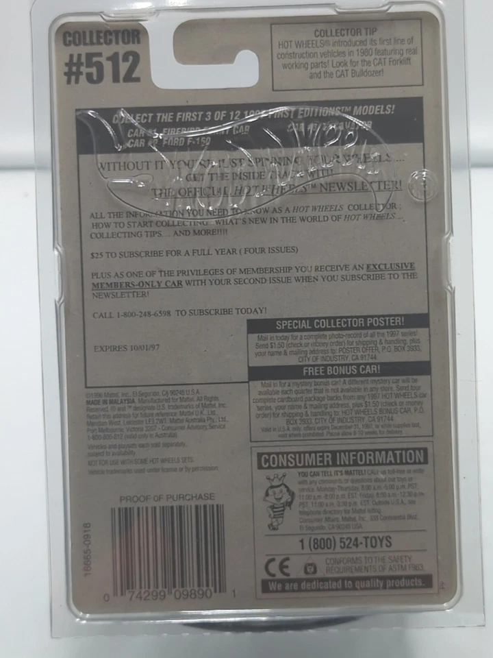 HOT WHEELS 1997 FIRST EDITIONS EXCAVATOR #3 OF 12  New Mint On Mint Card Protect - Image 2 of 2