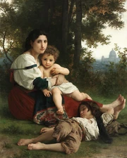 1800s Woman and Children Painting Giclee Print on Fine Art Paper