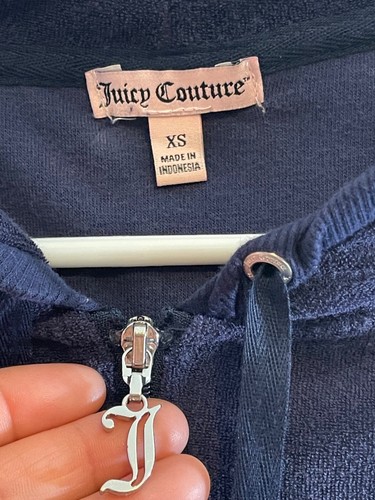 JUICY COUTURE Terry Cloth Size XS Glitter Embellished Bling Hooded Jacket Navy - Picture 2 of 7