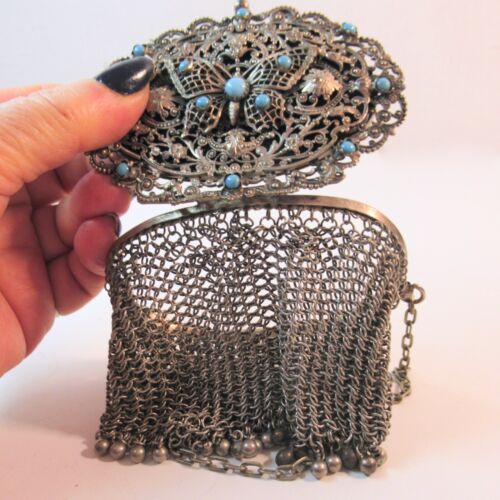 👛 Un monedero 👛: Bolso de mano vintage antiguo de malla filigrana mariposa - Imagen 8 de 12