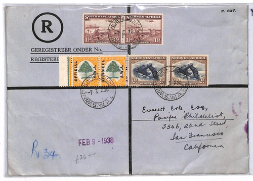 SOUTH WEST AFRICA Official Cover Windhoek Registered USA S. Francisco 1938 YO274 - Picture 2 of 14
