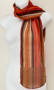 Vintage-BAAR-amp-BEARDS-Womens-Silk-Scarf-Brown-White-Red-Orange-Black-Gold-Stripe