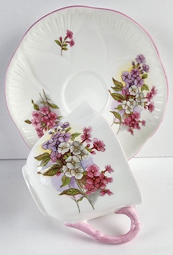 Shelley Stocks 13428 (Dainty Shape) Cup and Saucer Set - Pink Flowers, Pink Trim - Picture 2 of 11