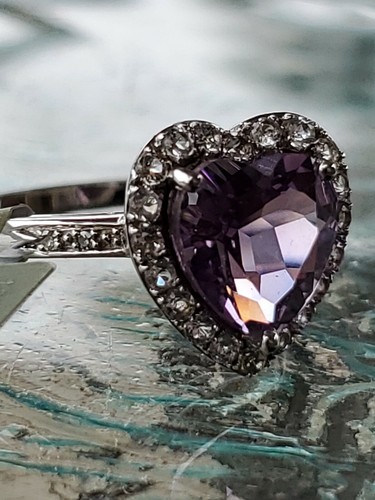 Labcreated Amethyst Heart Cut, White Sapphires &Diam Ring 10kt Solid White Gold  - Picture 3 of 12