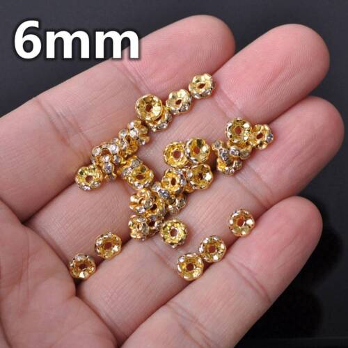 50pcs 5/6/8/10/12mm Rondelle Gold/Silver Crystal Rhinestones Metal Spacer Beads - Picture 3 of 12