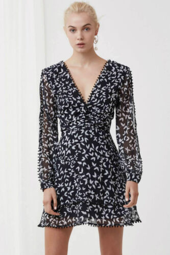 KEEPSAKE THE LABEL Black White DRESS Size L Aus 12 NWT Long Sleeve Cottagecore