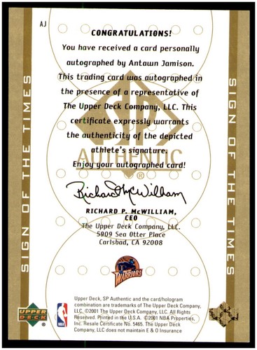 2000-01 SP Authentic Sign of the Times Antawn Jamison #AJ Auto Autograph - Picture 2 of 2