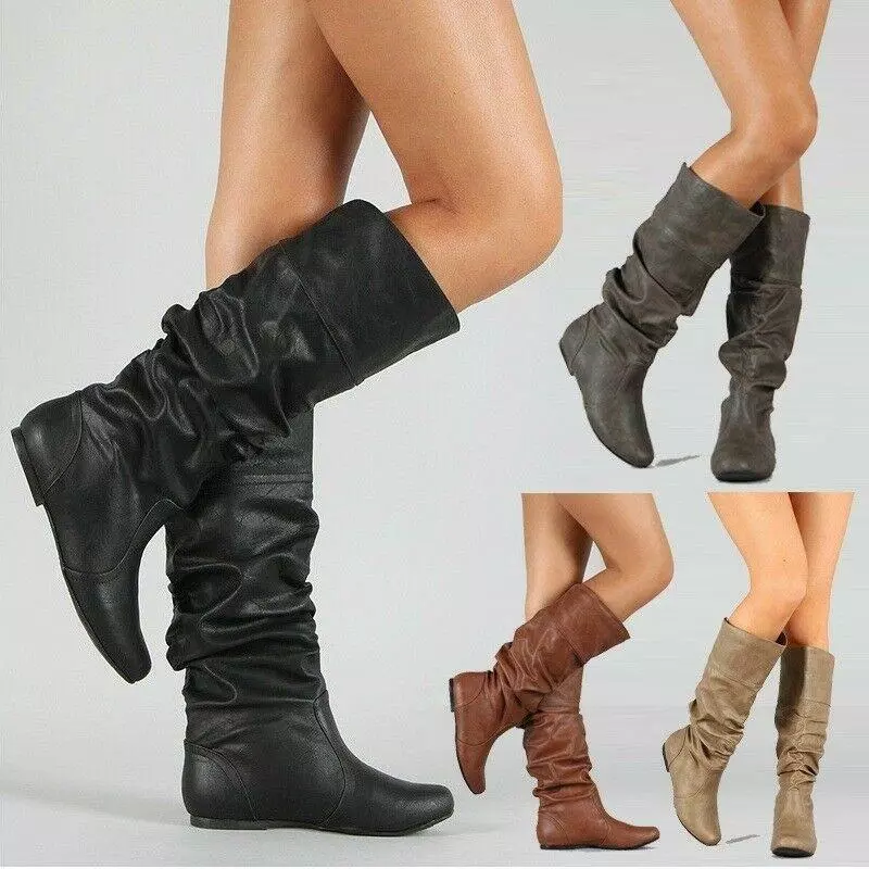 Leather slouch boots flat sale