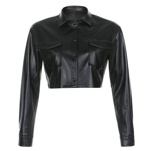 Ladies Faux Leather PU Crop Coat Jacket Top Long Sleeve Gothic Punk Causal Slim - Picture 3 of 12