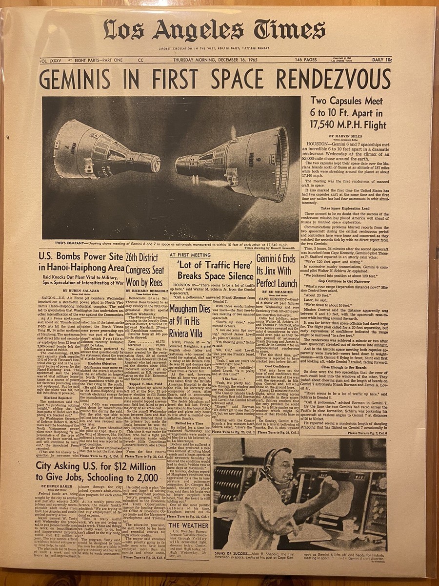 VINTAGE NEWSPAPER HEADLINE~NASA ASTRONAUT SPACE CAPSULES GEMINIS 