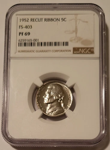 1952 Jefferson Nickel Recut Ribbon Variety FS-403 Proof PF69 NGC