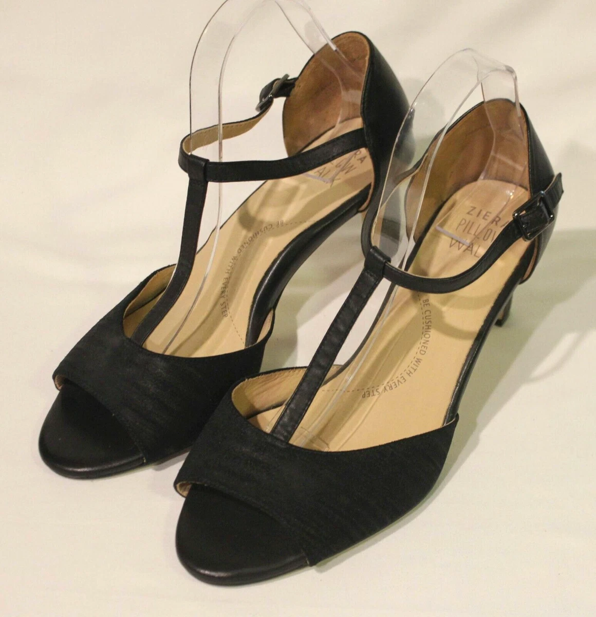Ziera Pillow Walk Size 10 XW Satin Black Leather T Bar Peep Toe