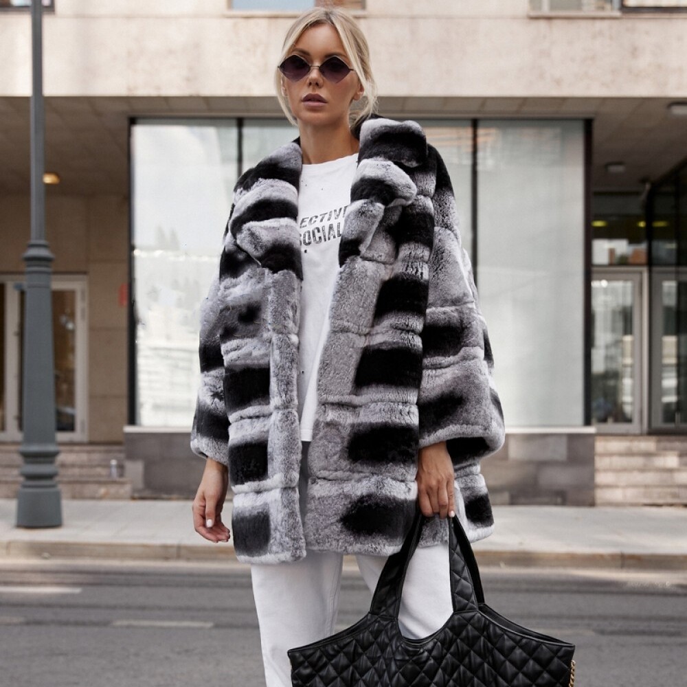 Women's Chinchilla 100% Real Rex Rabbit Fur Coat Natural Fur